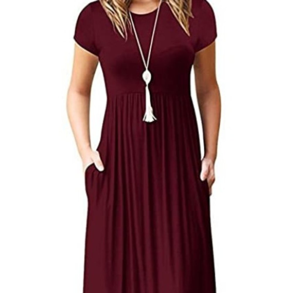 Short Sleeve Casual Summer Maxi Dress Burgundy